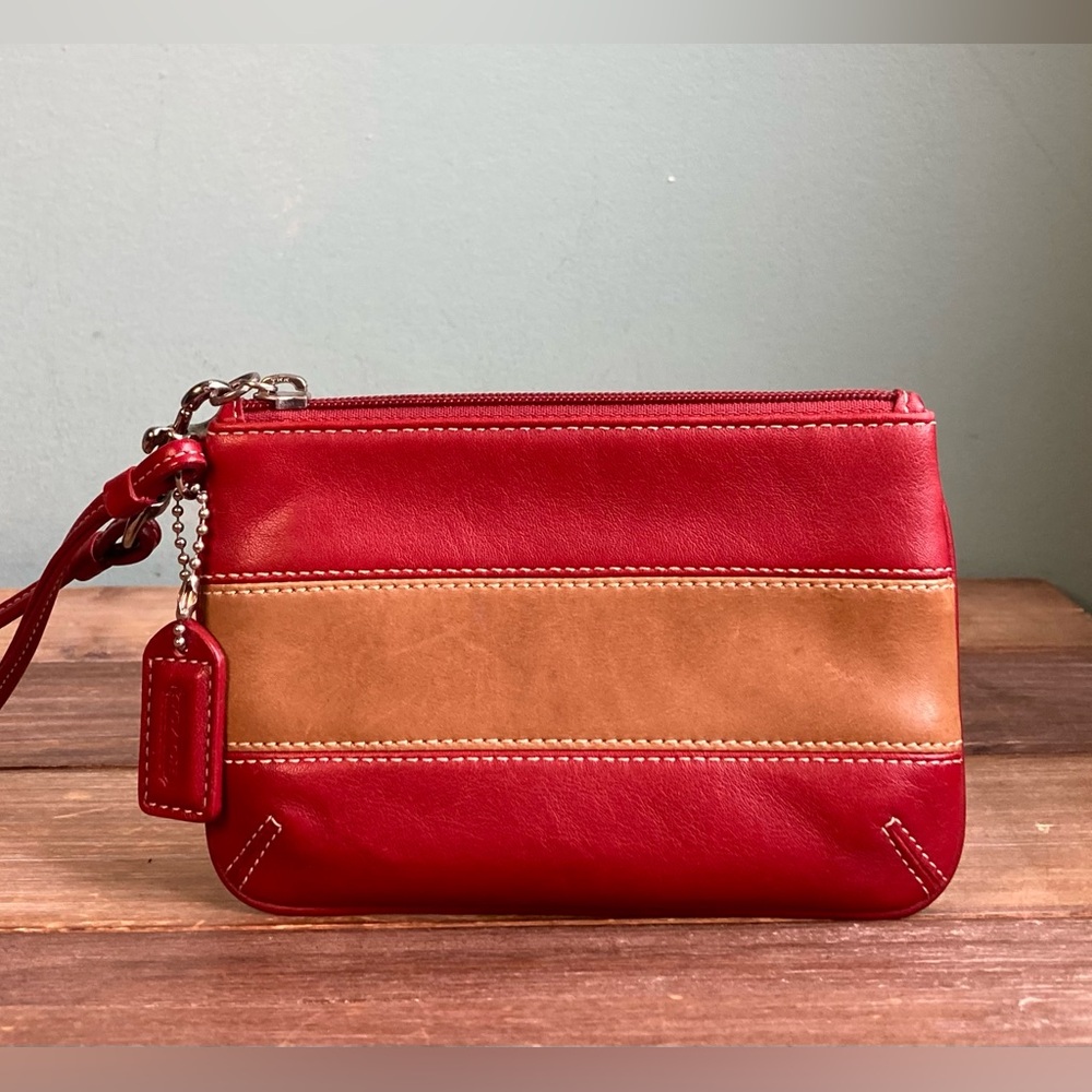 Vintage Coach Leather Rugby Stripe Skinny Wristlet Bag 9348 Red British Tan
